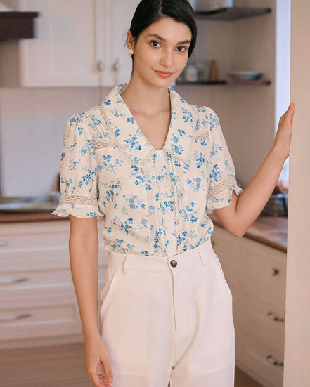 Camisa Floral de Encaje Plisada