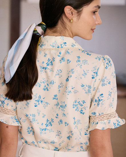 Camisa Floral de Encaje Plisada