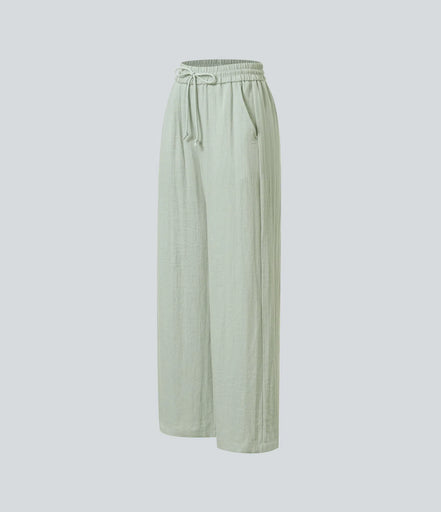 Pantalones Casuales de Cintura Alta con Cordón y Bolsillos, Estilo Lino, Pierna Ancha