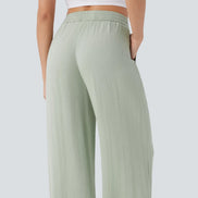 Pantalones Casuales de Cintura Alta con Cordón y Bolsillos, Estilo Lino, Pierna Ancha