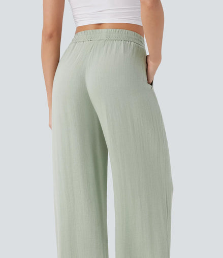 Pantalones Casuales de Cintura Alta con Cordón y Bolsillos, Estilo Lino, Pierna Ancha