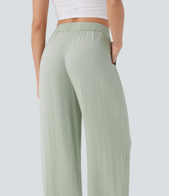 Pantalones Casuales de Cintura Alta con Cordón y Bolsillos, Estilo Lino, Pierna Ancha