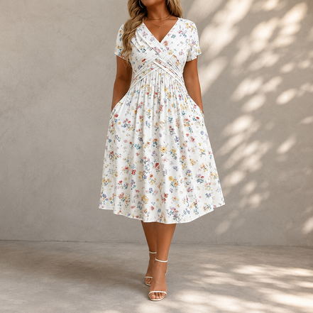 Victoria - Vestido floral con escote en V y detalle de nudo en la cintura
