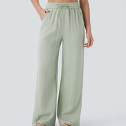 Pantalones Casuales de Cintura Alta con Cordón y Bolsillos, Estilo Lino, Pierna Ancha