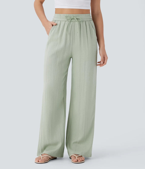 Pantalones Casuales de Cintura Alta con Cordón y Bolsillos, Estilo Lino, Pierna Ancha