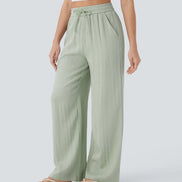 Pantalones Casuales de Cintura Alta con Cordón y Bolsillos, Estilo Lino, Pierna Ancha