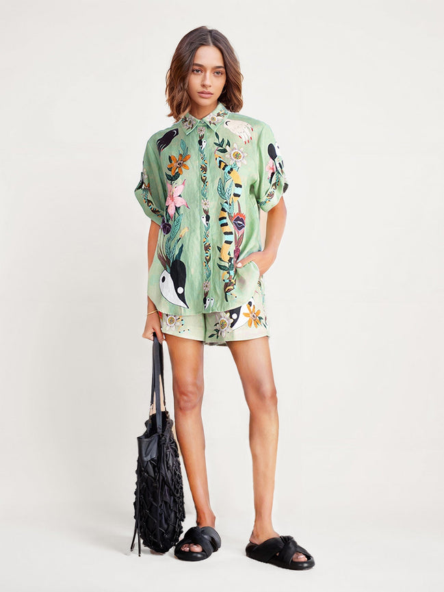 CONJUNTO CAMISA Y SHORT ESTAMPADO TROPICAL