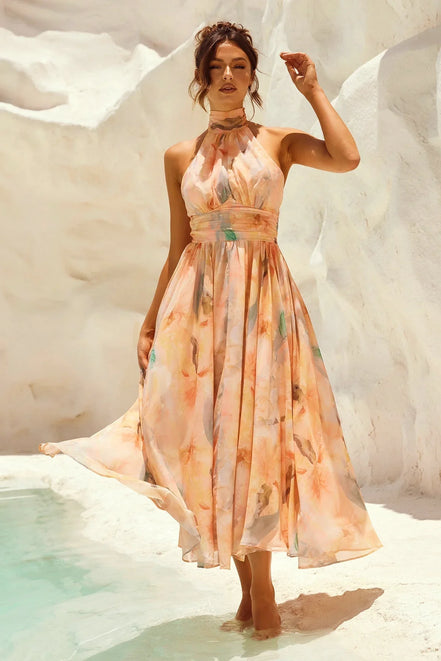 Bianca - vestido midi halter tonos pastel acuarela