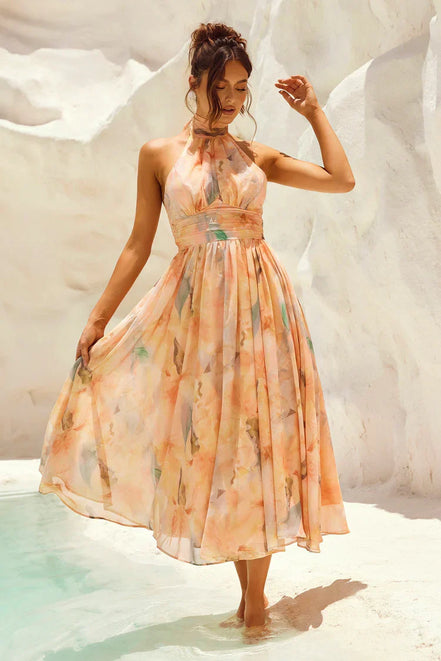 Bianca - vestido midi halter tonos pastel acuarela