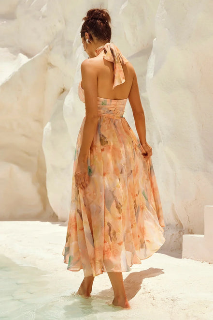 Bianca - vestido midi halter tonos pastel acuarela