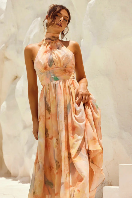 Bianca - vestido midi halter tonos pastel acuarela
