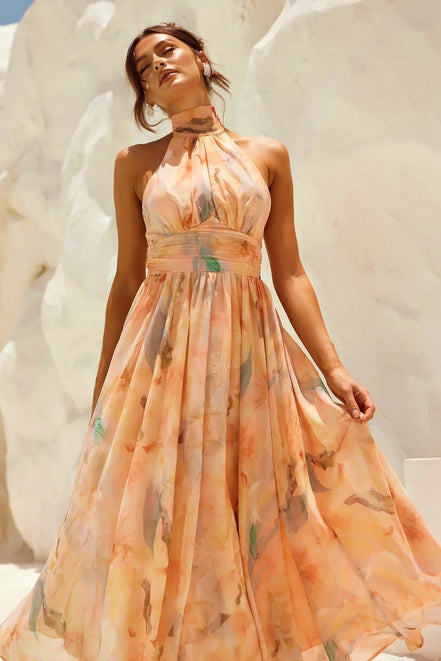 Bianca - vestido midi halter tonos pastel acuarela