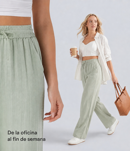 Pantalones Casuales de Cintura Alta con Cordón y Bolsillos, Estilo Lino, Pierna Ancha