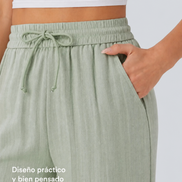 Pantalones Casuales de Cintura Alta con Cordón y Bolsillos, Estilo Lino, Pierna Ancha