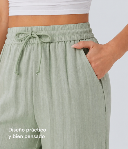 Pantalones Casuales de Cintura Alta con Cordón y Bolsillos, Estilo Lino, Pierna Ancha