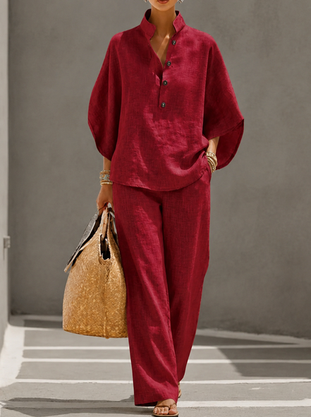 Mariel - Conjunto de algodón y lino con mangas murciélago y pantalones anchos