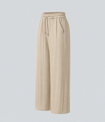 Pantalones Casuales de Cintura Alta con Cordón y Bolsillos, Estilo Lino, Pierna Ancha