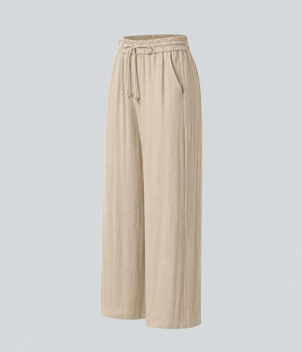 Pantalones Casuales de Cintura Alta con Cordón y Bolsillos, Estilo Lino, Pierna Ancha
