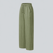 Pantalones Casuales de Cintura Alta con Cordón y Bolsillos, Estilo Lino, Pierna Ancha