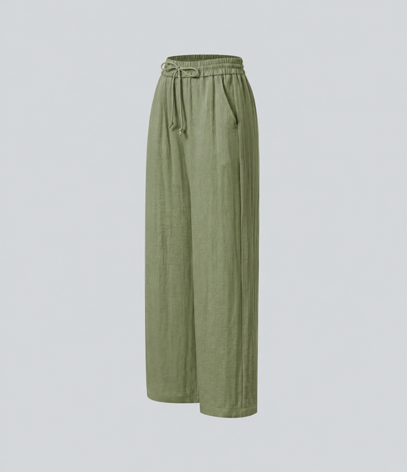 Pantalones Casuales de Cintura Alta con Cordón y Bolsillos, Estilo Lino, Pierna Ancha