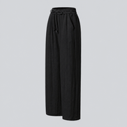 Pantalones Casuales de Cintura Alta con Cordón y Bolsillos, Estilo Lino, Pierna Ancha