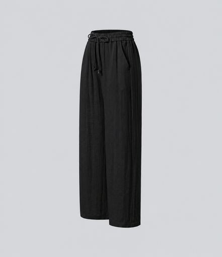 Pantalones Casuales de Cintura Alta con Cordón y Bolsillos, Estilo Lino, Pierna Ancha