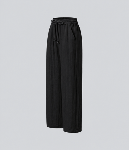 Pantalones Casuales de Cintura Alta con Cordón y Bolsillos, Estilo Lino, Pierna Ancha