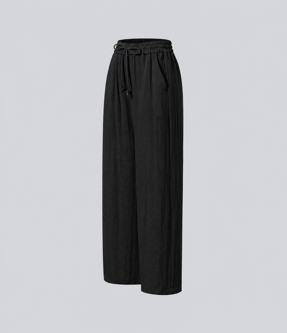Pantalones Casuales de Cintura Alta con Cordón y Bolsillos, Estilo Lino, Pierna Ancha