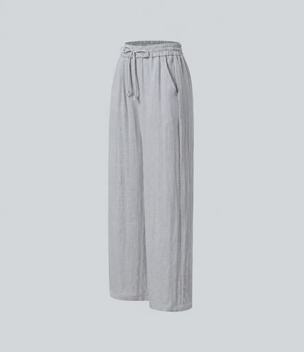 Pantalones Casuales de Cintura Alta con Cordón y Bolsillos, Estilo Lino, Pierna Ancha