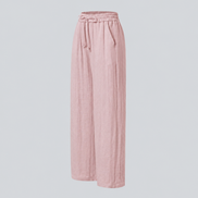 Pantalones Casuales de Cintura Alta con Cordón y Bolsillos, Estilo Lino, Pierna Ancha