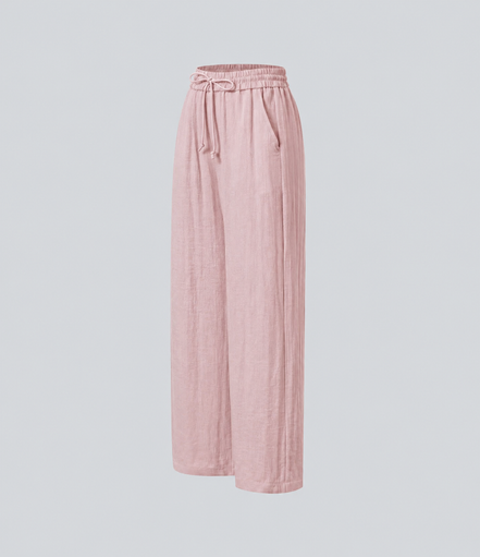 Pantalones Casuales de Cintura Alta con Cordón y Bolsillos, Estilo Lino, Pierna Ancha