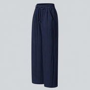 Pantalones Casuales de Cintura Alta con Cordón y Bolsillos, Estilo Lino, Pierna Ancha