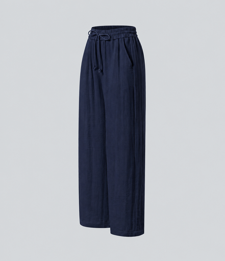 Pantalones Casuales de Cintura Alta con Cordón y Bolsillos, Estilo Lino, Pierna Ancha