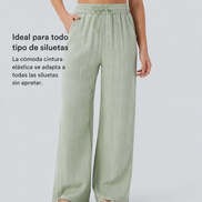 Pantalones Casuales de Cintura Alta con Cordón y Bolsillos, Estilo Lino, Pierna Ancha