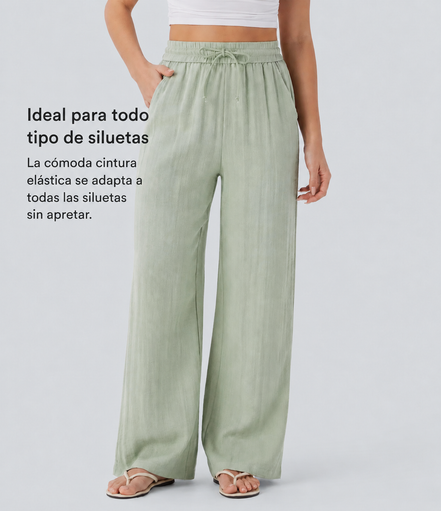 Pantalones Casuales de Cintura Alta con Cordón y Bolsillos, Estilo Lino, Pierna Ancha