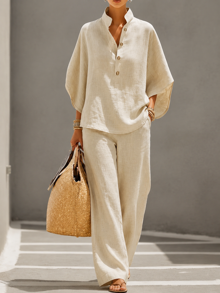 Mariel - Conjunto de algodón y lino con mangas murciélago y pantalones anchos