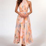 Bianca - vestido midi halter tonos pastel acuarela