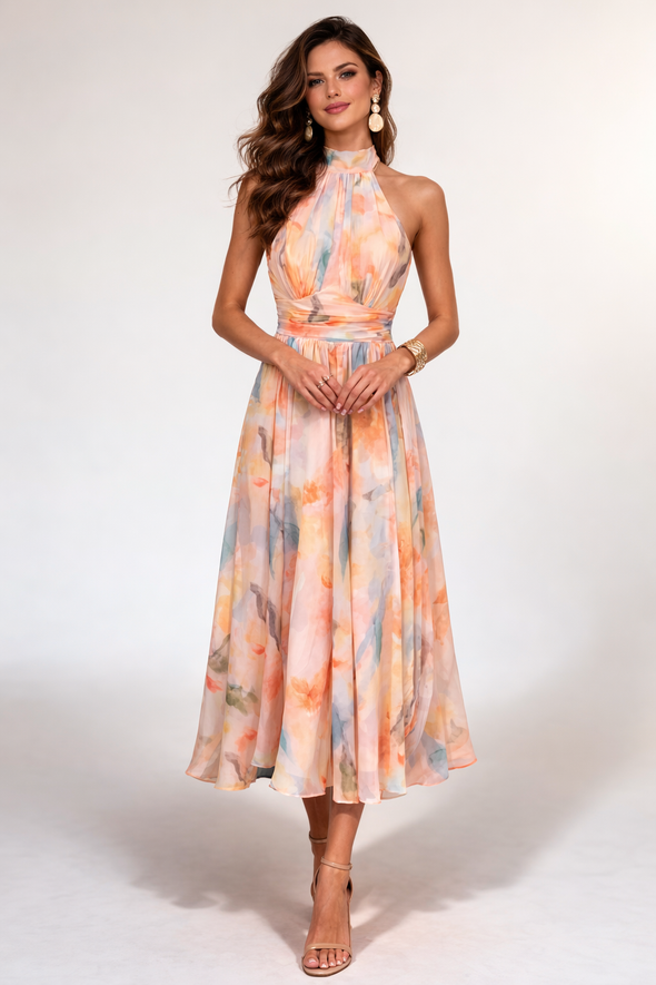 Bianca - vestido midi halter tonos pastel acuarela