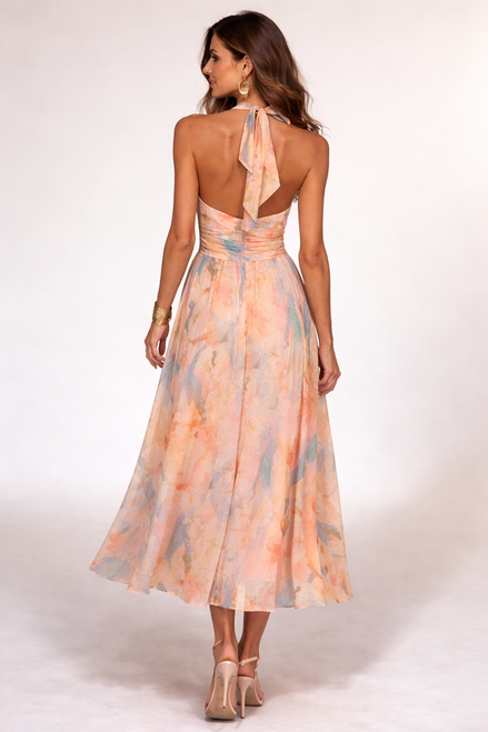 Bianca - vestido midi halter tonos pastel acuarela