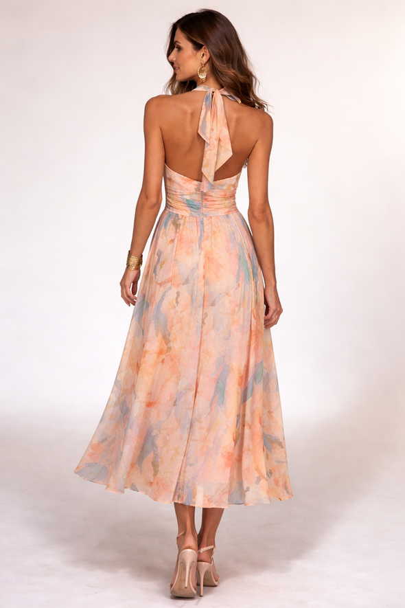 Bianca - vestido midi halter tonos pastel acuarela