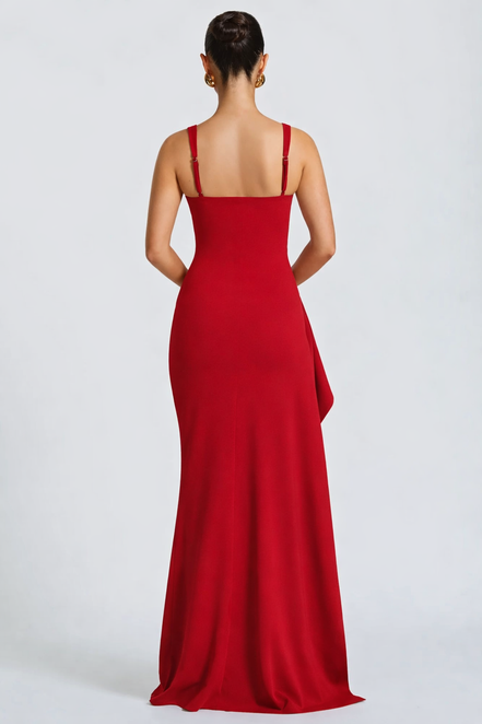 Martina - vestido largo satinado con escote cuadrado y abertura