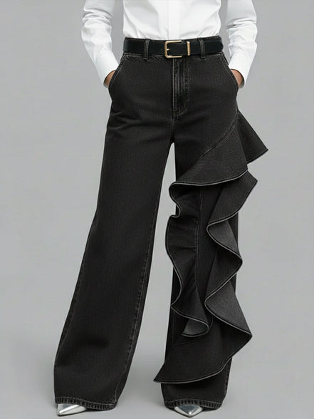 Siena - pantalón vaquero wide leg con volante asimétrico