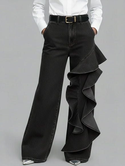 Siena - pantalón vaquero wide leg con volante asimétrico