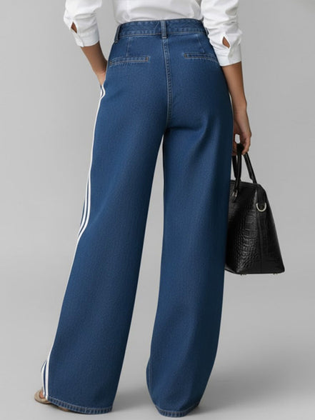 Avelina - pantalón denim wide leg con franjas laterales