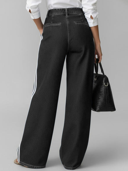 Avelina - pantalón denim wide leg con franjas laterales