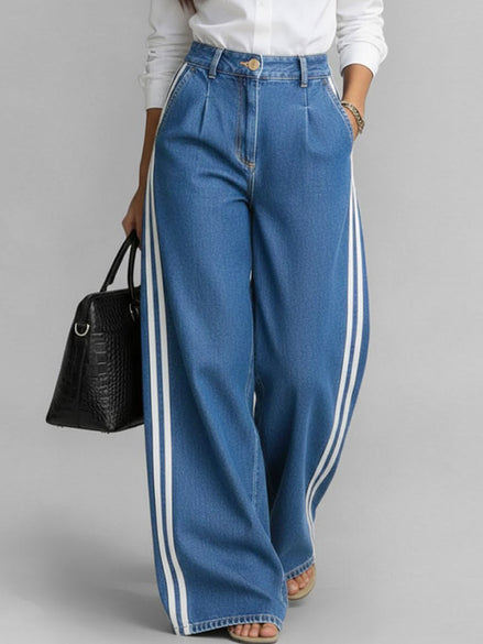 Avelina - pantalón denim wide leg con franjas laterales