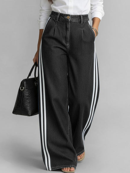 Avelina - pantalón denim wide leg con franjas laterales