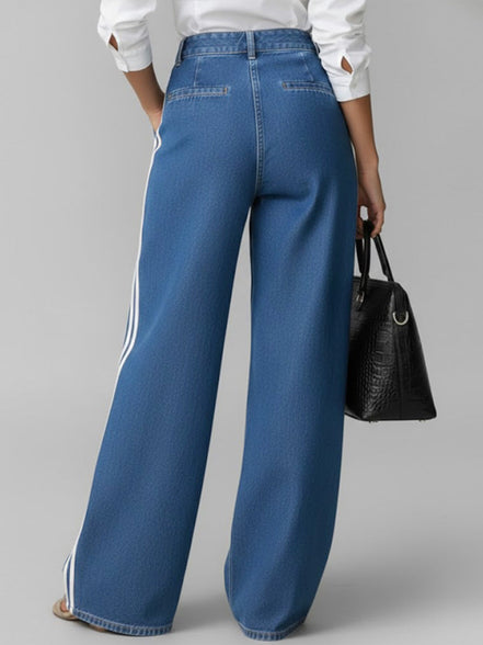 Avelina - pantalón denim wide leg con franjas laterales