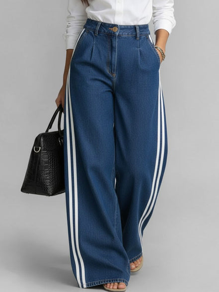 Avelina - pantalón denim wide leg con franjas laterales