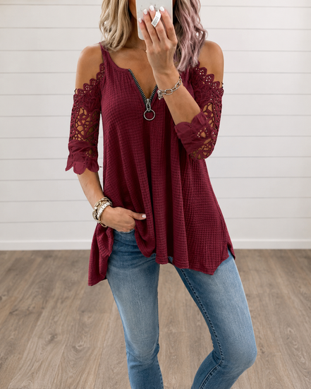 Estela - Camiseta de encaje para mujer con hombros descubiertos
